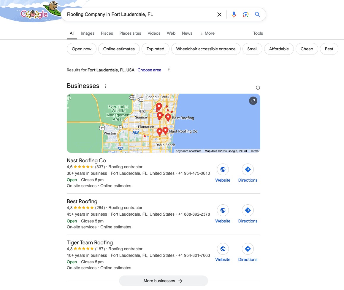 Google Local Pack example for roofing companies in Fort Lauderdale, FL