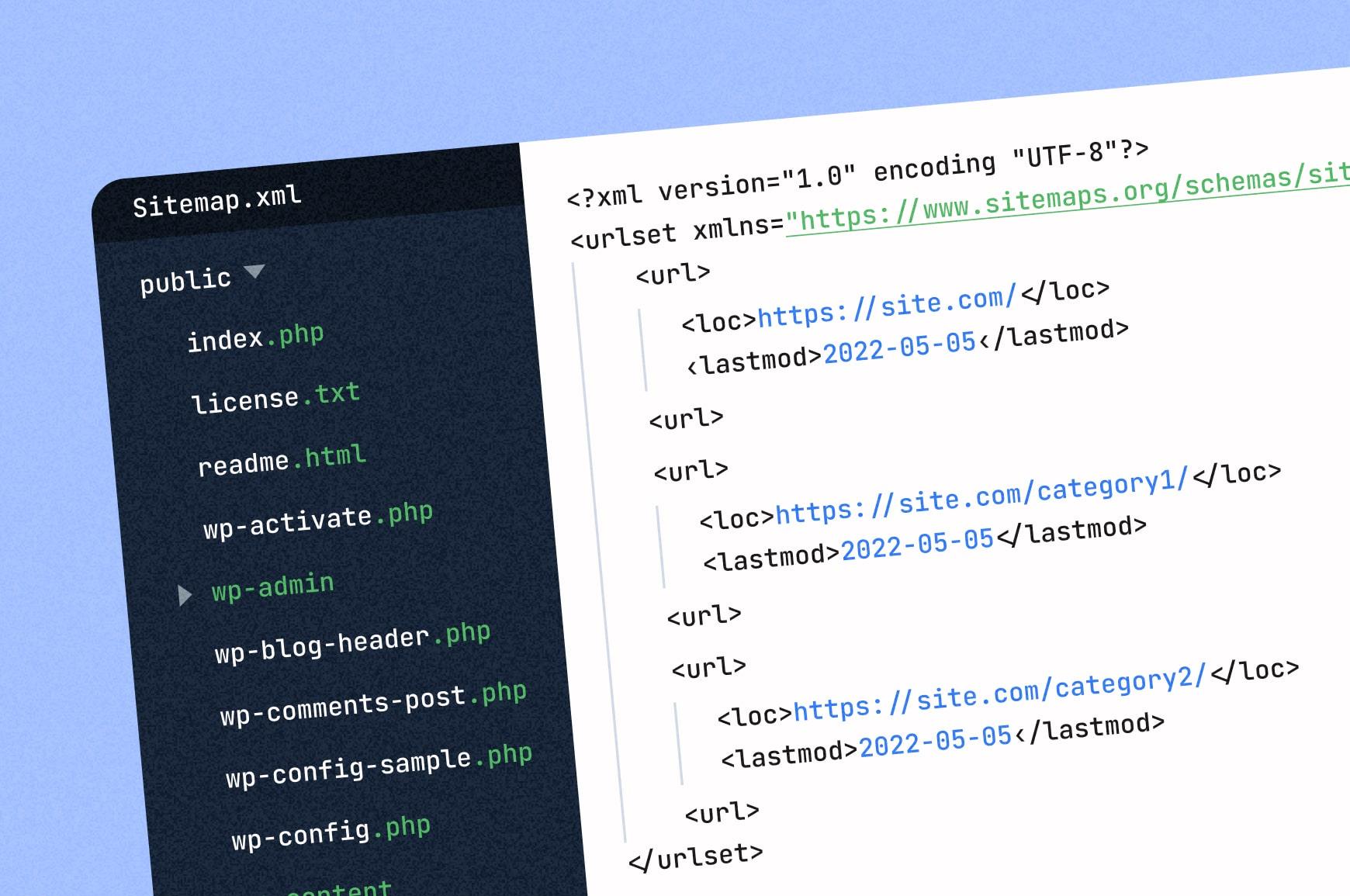 XML sitemap markup inside of a code editor for a WordPress website