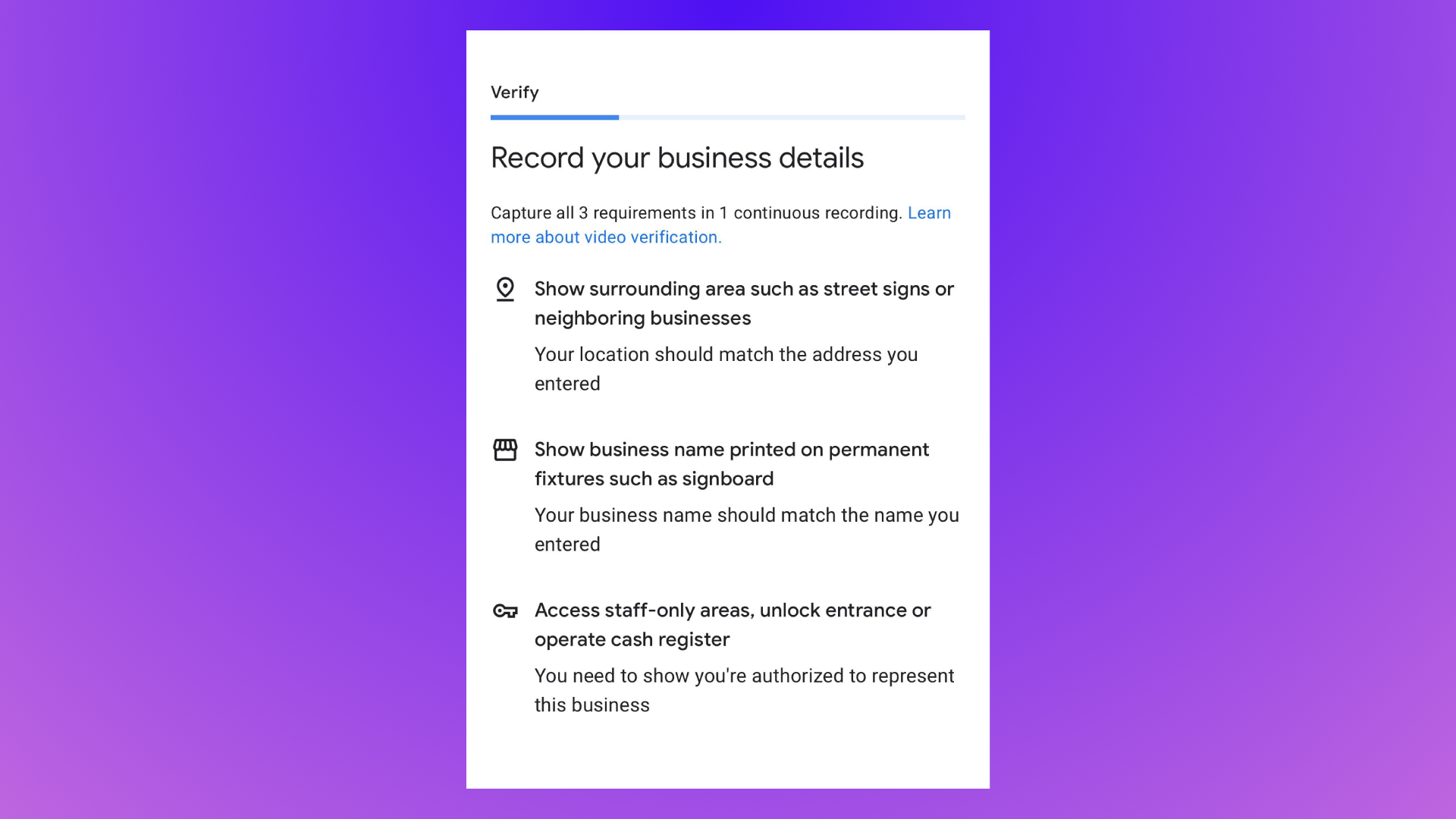 Screenshot showing Google Business verification steps for service area businesses, guiding users on creating a business profile