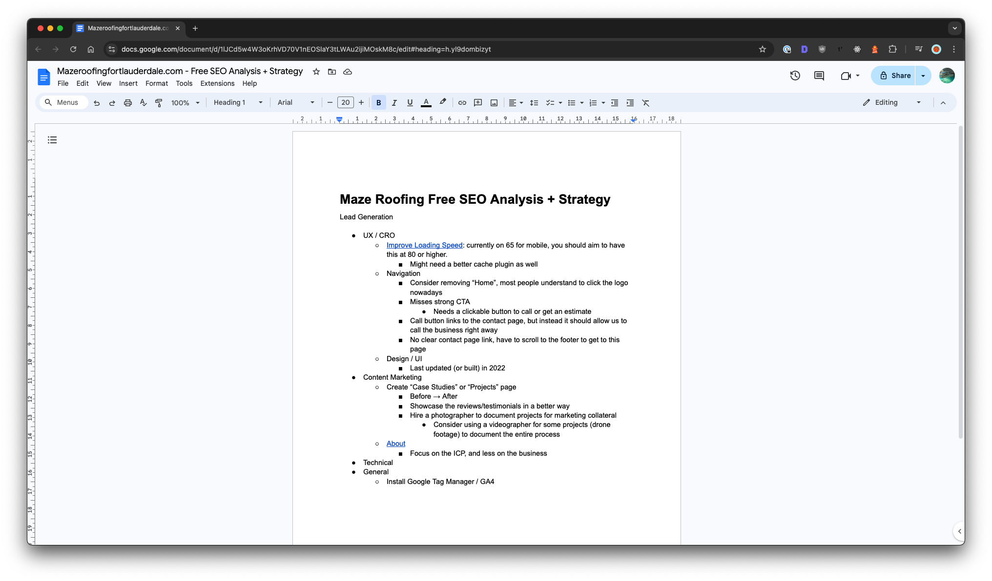 Google Docs document containing our website review bullet points