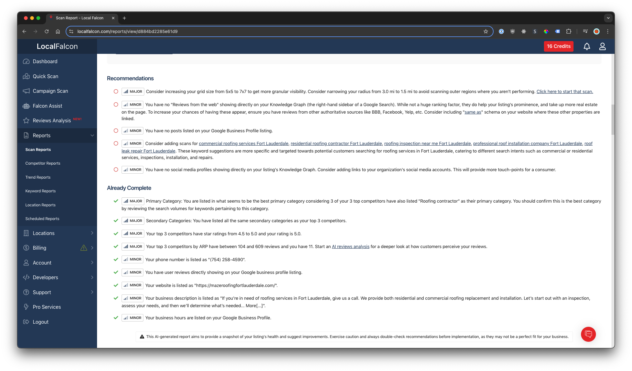 Recommendations from the LocalFalcon AI analysis of our scan report