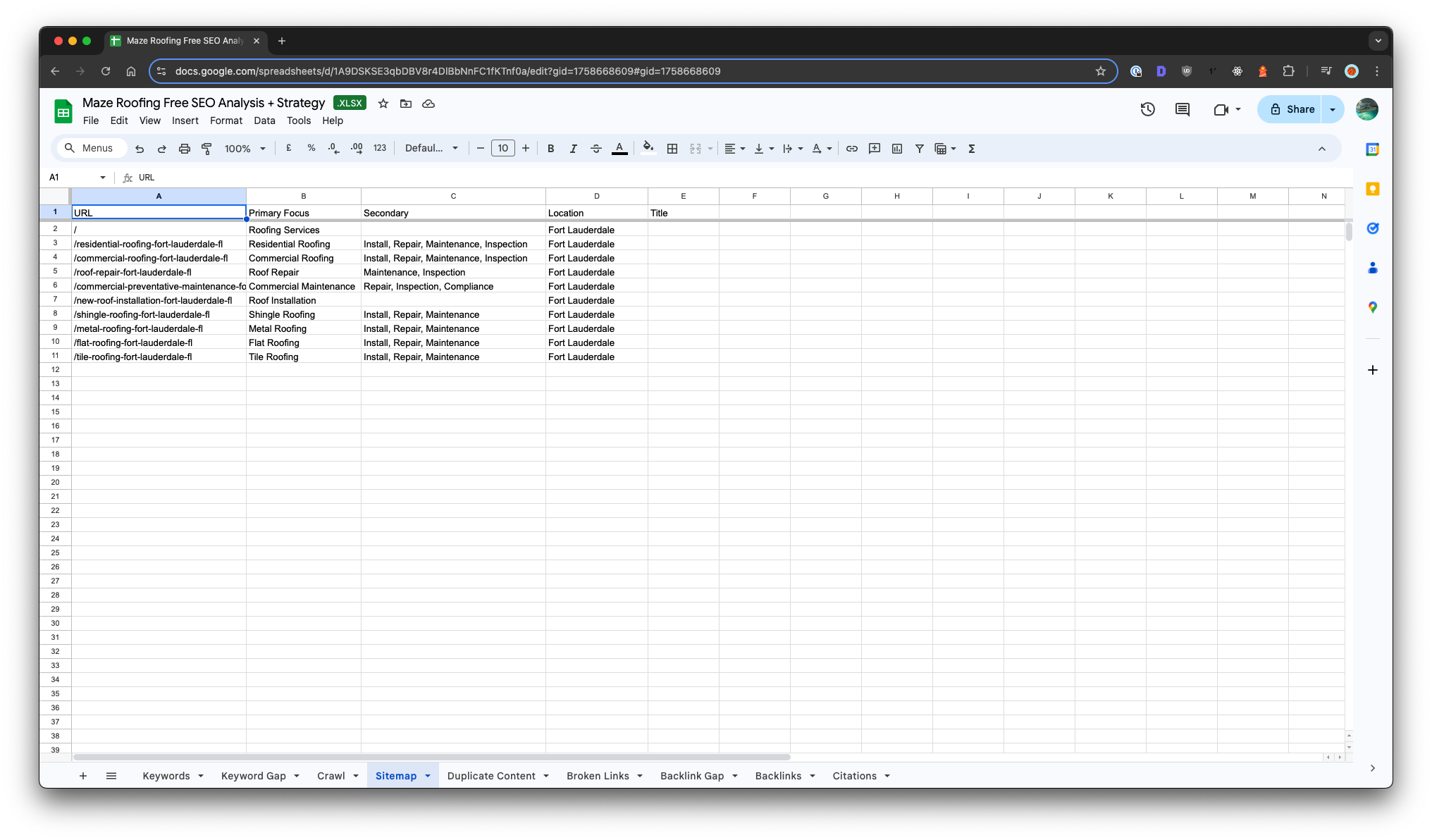 Create your dream sitemap in a new tab in your Google Sheet to make sure you cover all the relevant topics