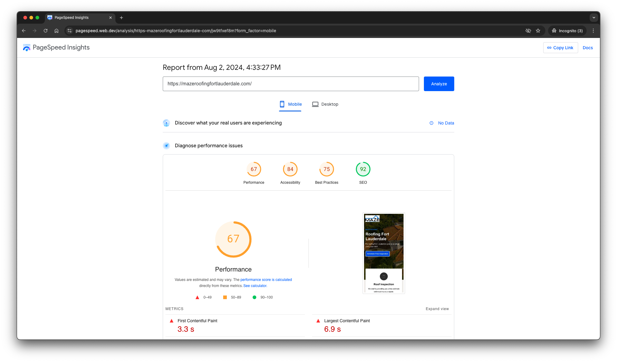 PageSpeed Insights results for mazeroofingfortlauderdale.com