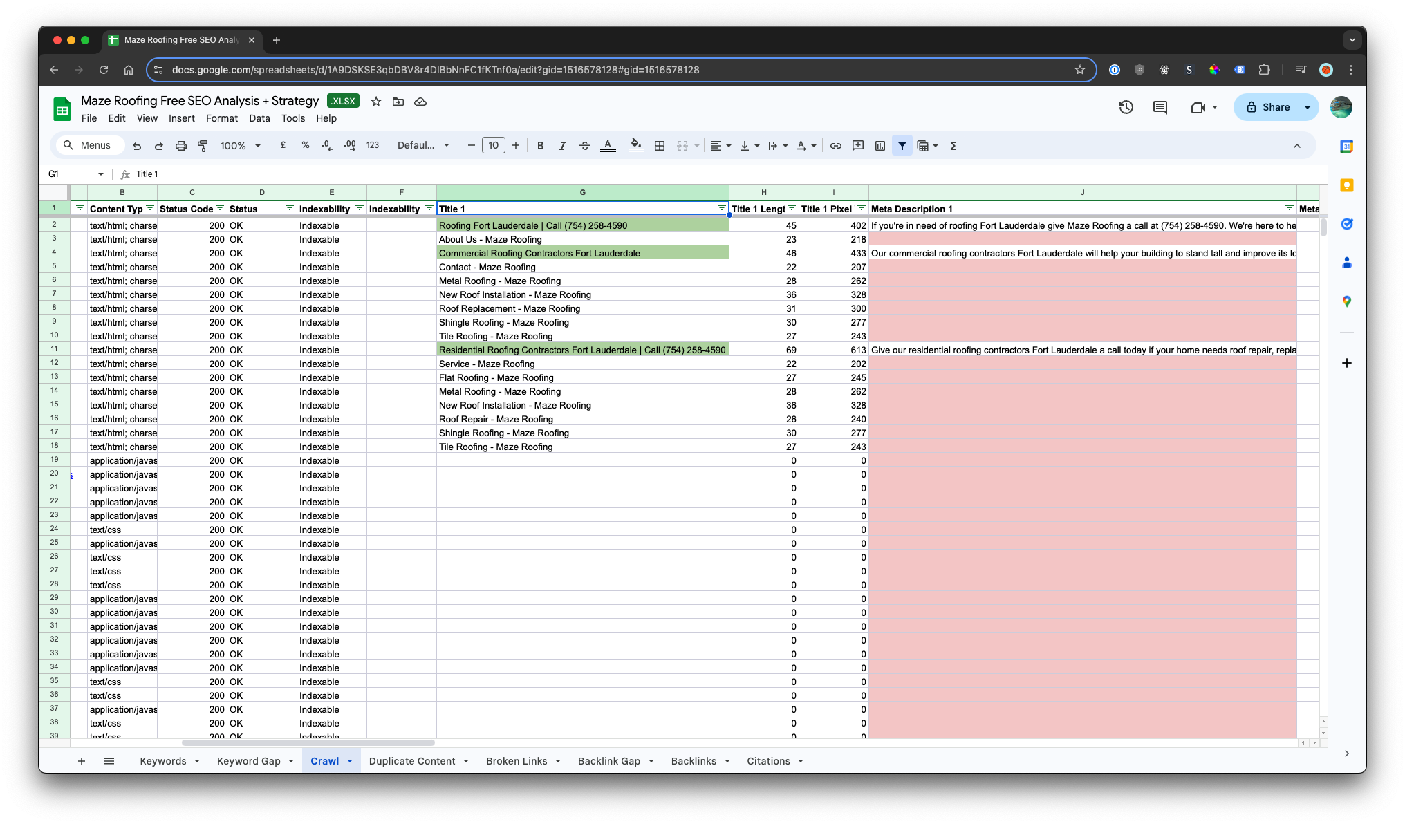 Highlighted empty meta descriptions in our Google Sheet