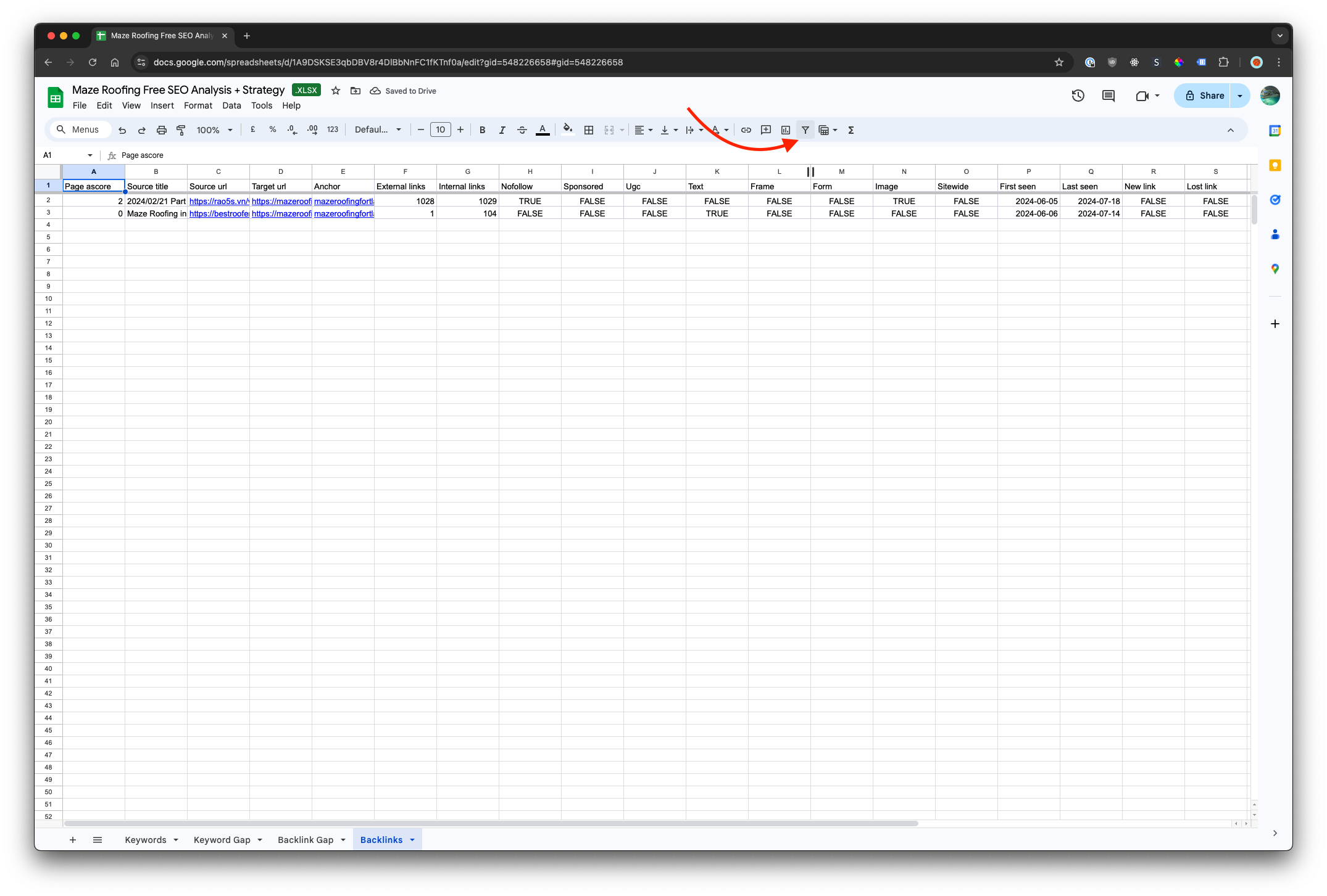 Semrush backlinks exported into Google Sheet, adding filters