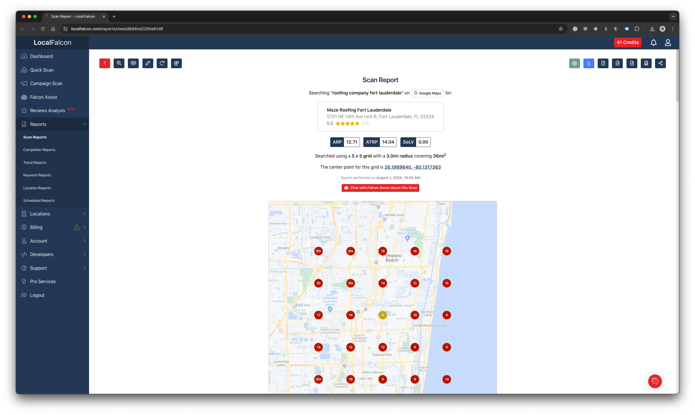 LocalFalcon scan report output for the keyword roofing company